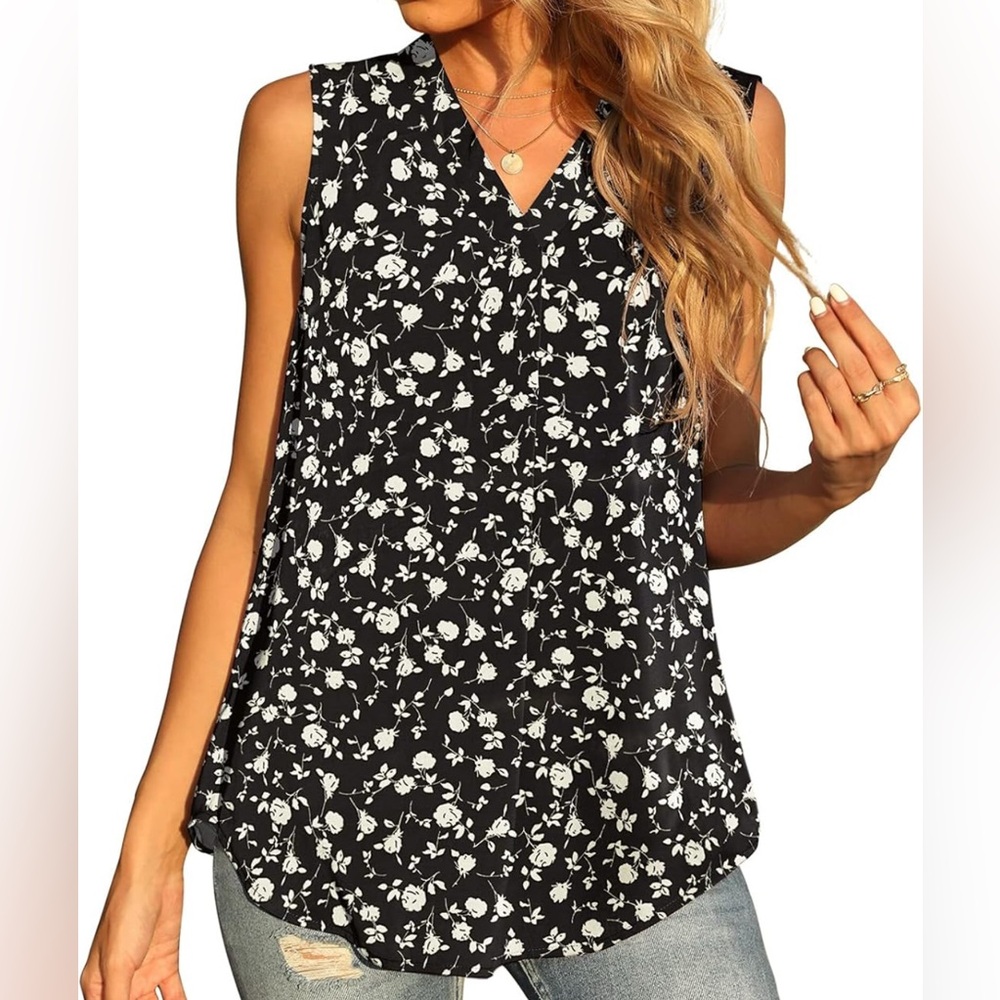QUEZHU Women's Summer Sleeveless Chiffon Tank Tops Blouse Loose Casual V Neck